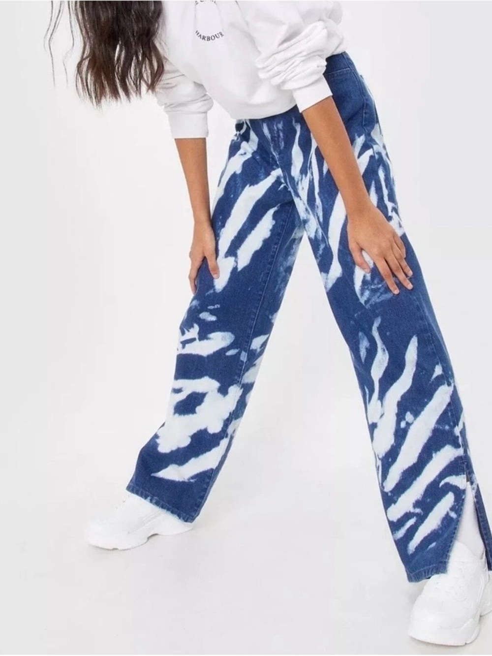Nasty Gal Blue & White Tie-Dye Wide Leg Jeans